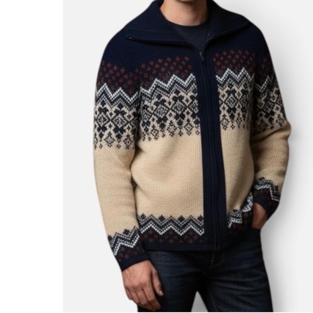 Vintage 70's Montgomery Ward Sweater Mens M Fair Isle Nordic  Zip Shawl Collar